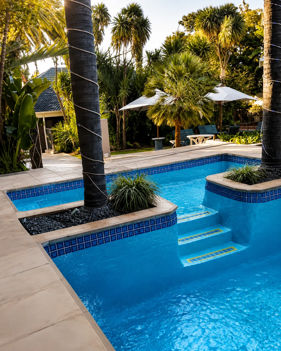 Freeform pool with stone coping at sunset