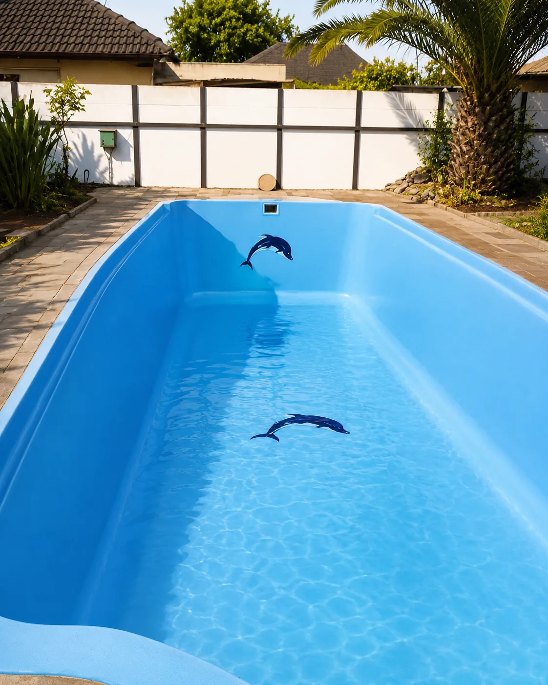 Backyard pool with dolphin motifs